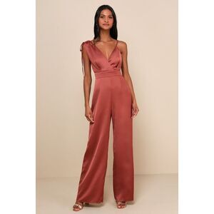 Lulus Look Of Luxe Rusty Rose Satin Asymmetrical Wide-leg Jumpsuit Pink